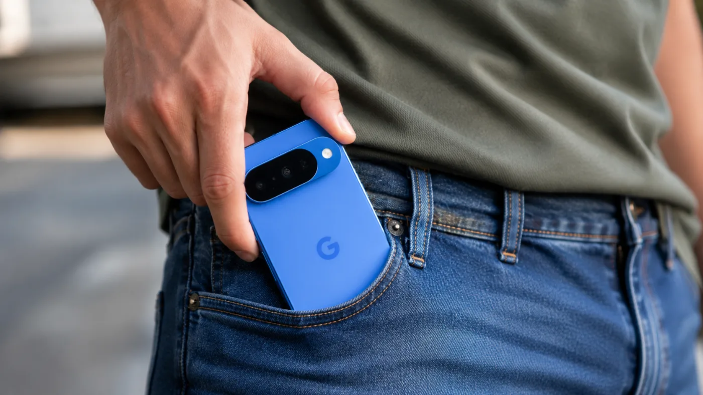 A blue smartphone being slipped into a jeans pocket